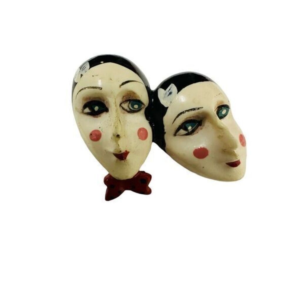 Vintage Art Deco Lovely Ladies Faces Head Mask Silhouette Profile Brooch Pin